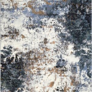 Abstract blue and orange textured pattern rug.
