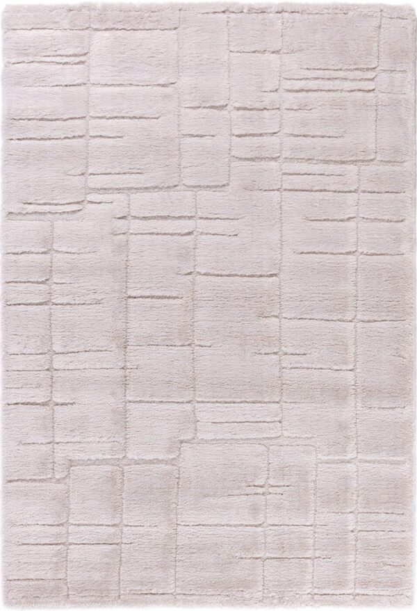 Light beige rug with geometric pattern design.