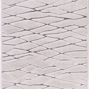 Beige rug with abstract crisscross pattern.