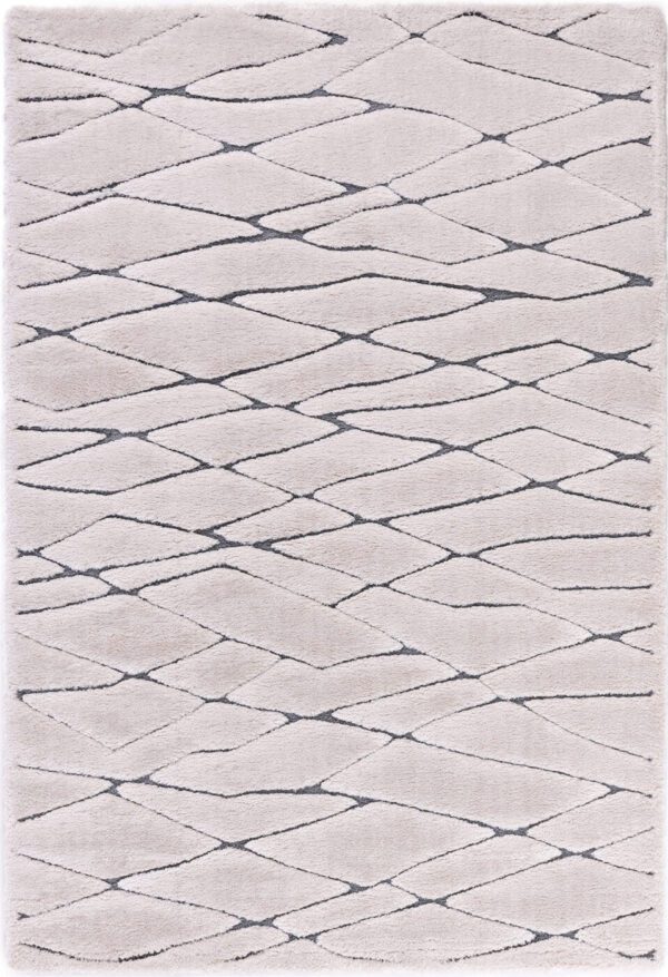 Beige rug with abstract crisscross pattern.