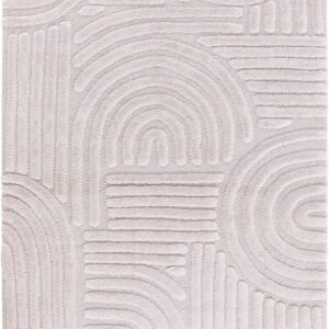 Textured white rug with geometric patterns.