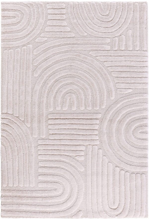 Textured white rug with geometric patterns.