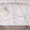 Geometric patterned rug on wooden floor.