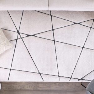 Modern white rug with black geometric lines.