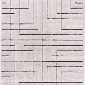 Beige rug with geometric black lines pattern.