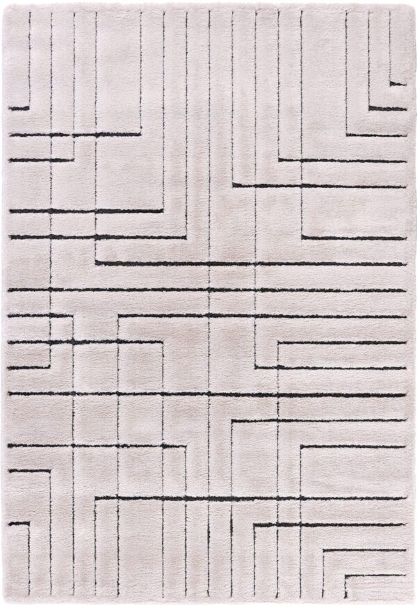 Beige rug with geometric black lines pattern.