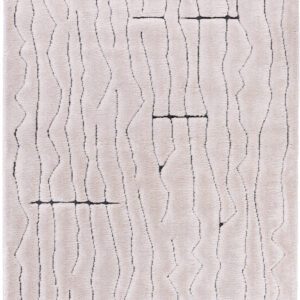 Abstract beige rug with black wavy lines.
