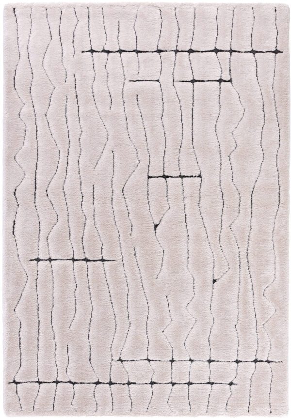 Abstract beige rug with black wavy lines.