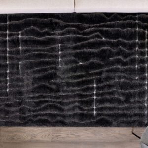 Black rug on wooden floor beneath furniture.