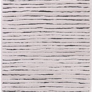 Gray rug with horizontal black stripes