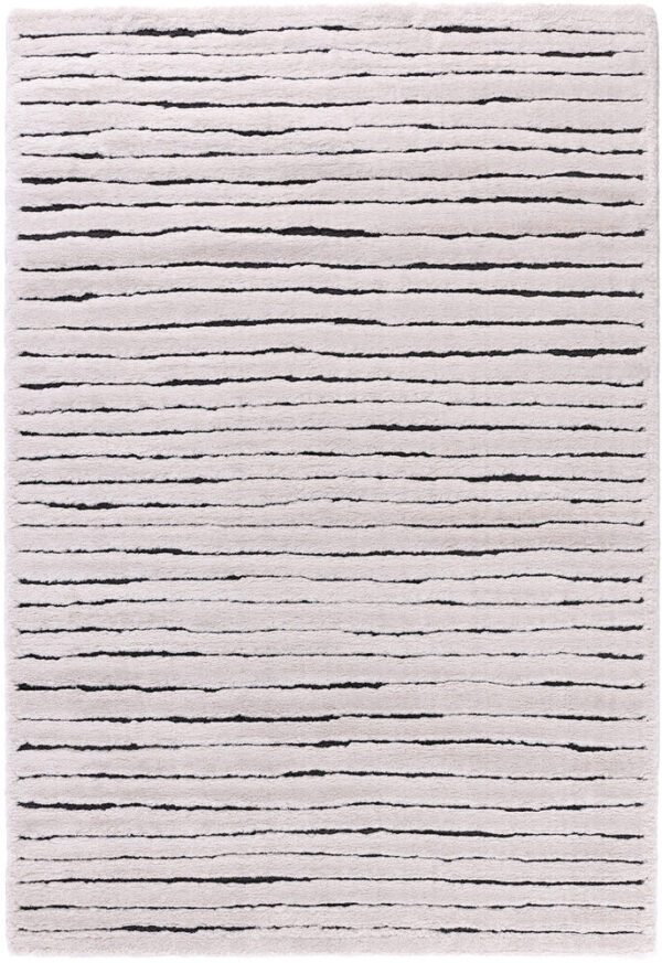 Gray rug with horizontal black stripes