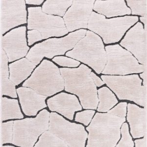 Abstract cracked pattern on beige area rug.