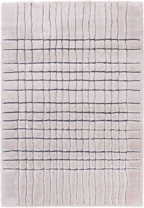 Textured white rug with dark grid pattern