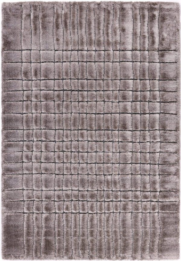 Gray rectangular rug with grid pattern design.