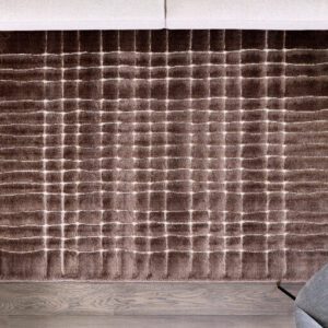 Brown checkered rug in modern living room setting.