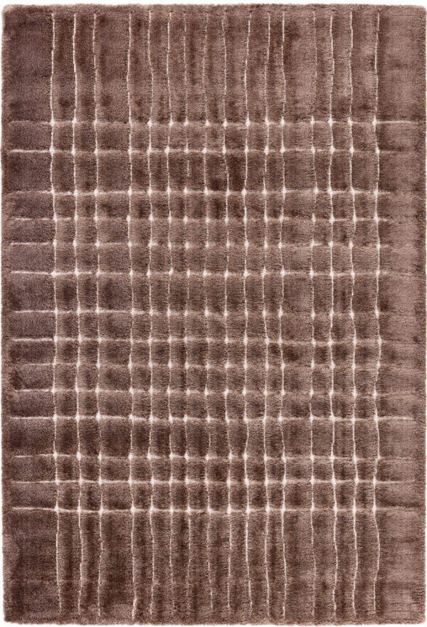 Brown textured area rug with grid pattern.