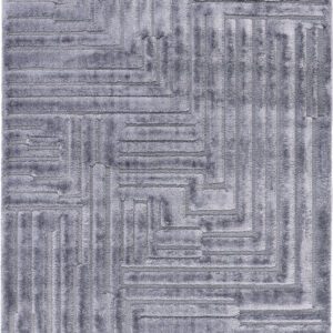 Gray geometric pattern rug with textured design.