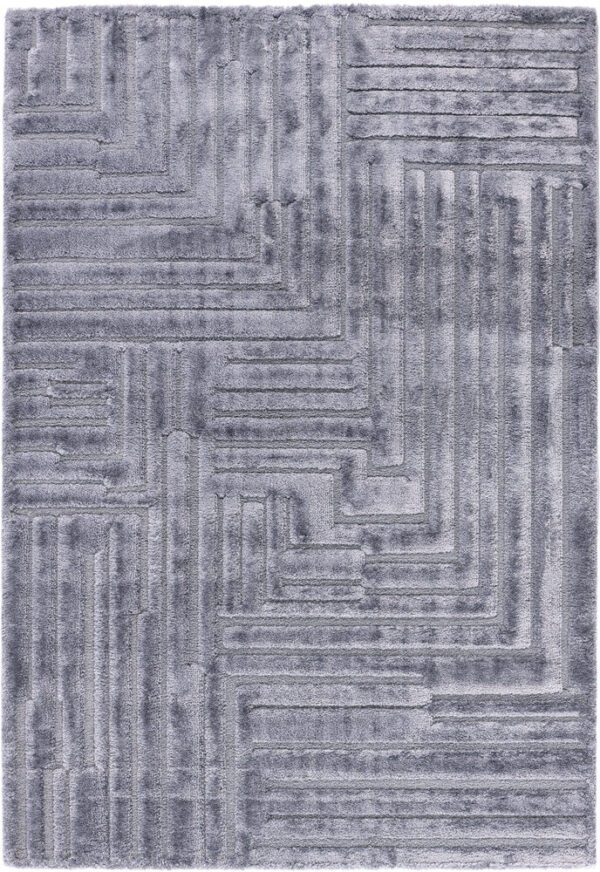 Gray geometric pattern rug with textured design.