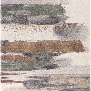 Abstract multicolor rug with brush stroke patterns.