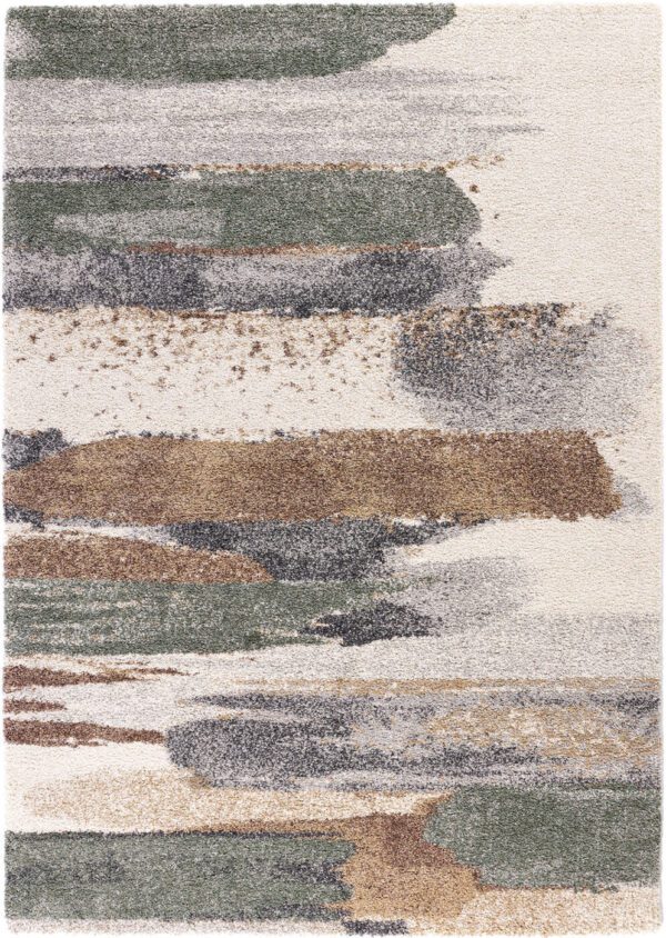 Abstract multicolor rug with brush stroke patterns.