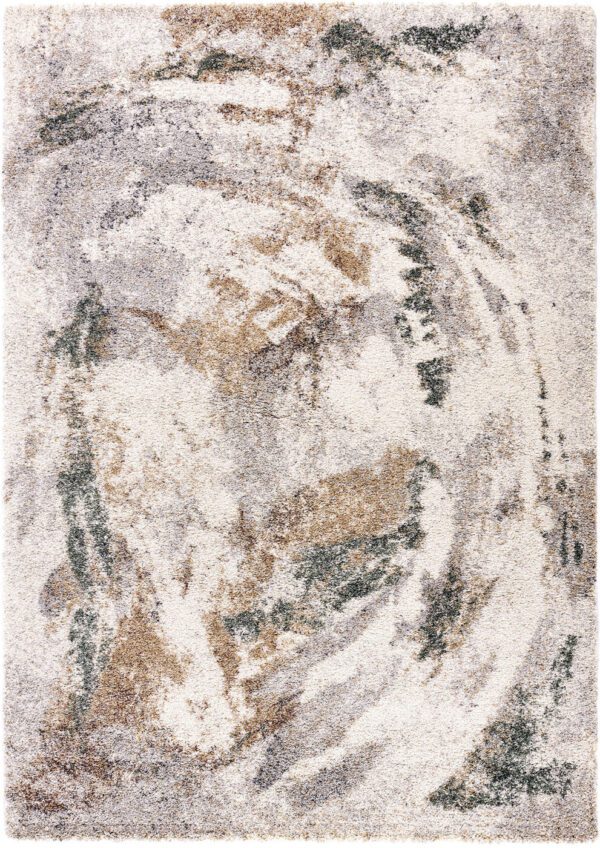 Abstract patterned carpet with beige and green swirls.