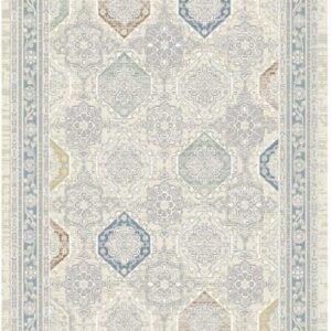 Ornate patterned rug with geometric and floral designs.
