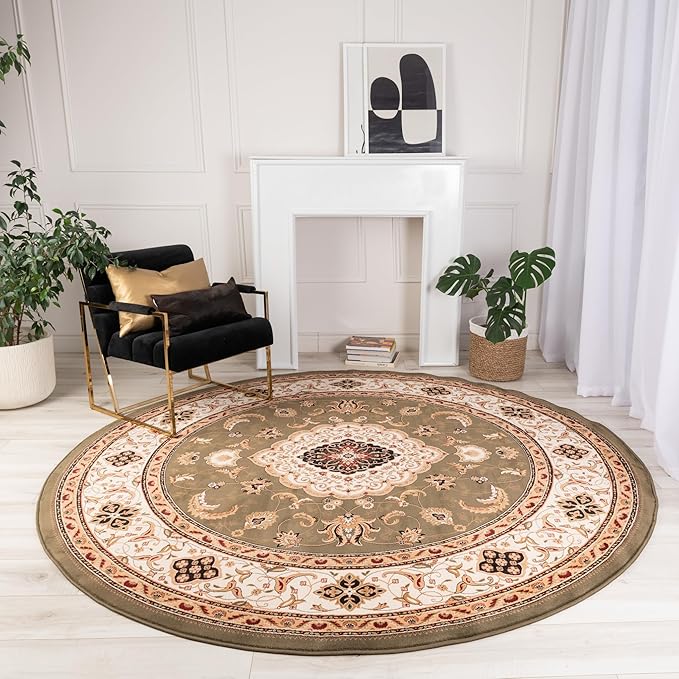 Round oriental rug in modern living room.