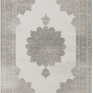 Gray ornate Persian-style rug with floral design.