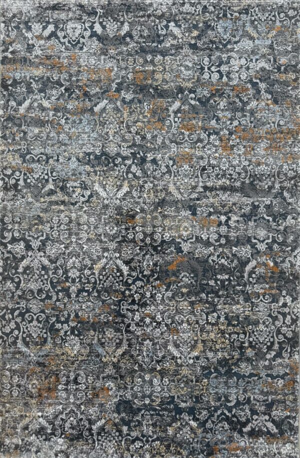 Ornate blue and orange floral patterned rug