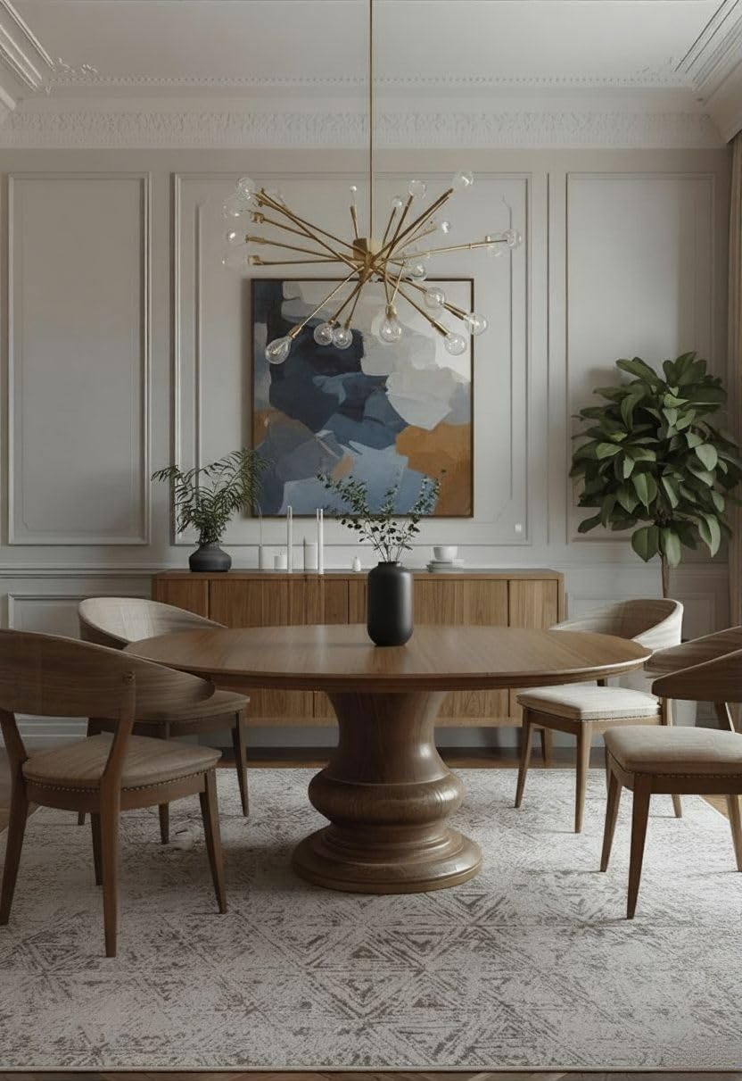 Contemporary dining room with modern chandelier and art.