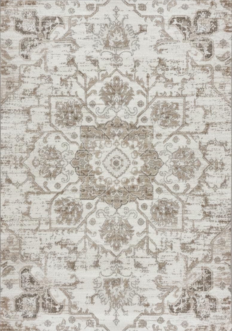 Intricate beige and white Persian rug design.