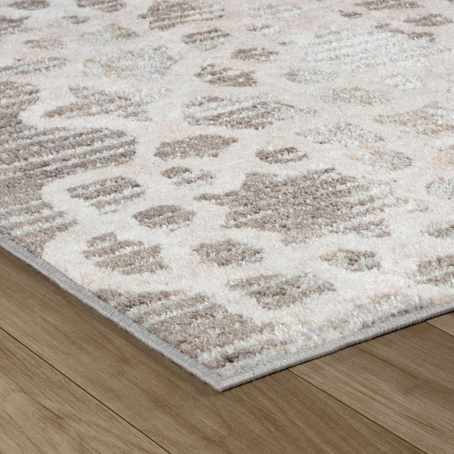 Plush beige patterned rug on wood floor.