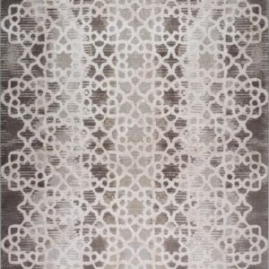 Geometric pattern rug with muted gray tones.
