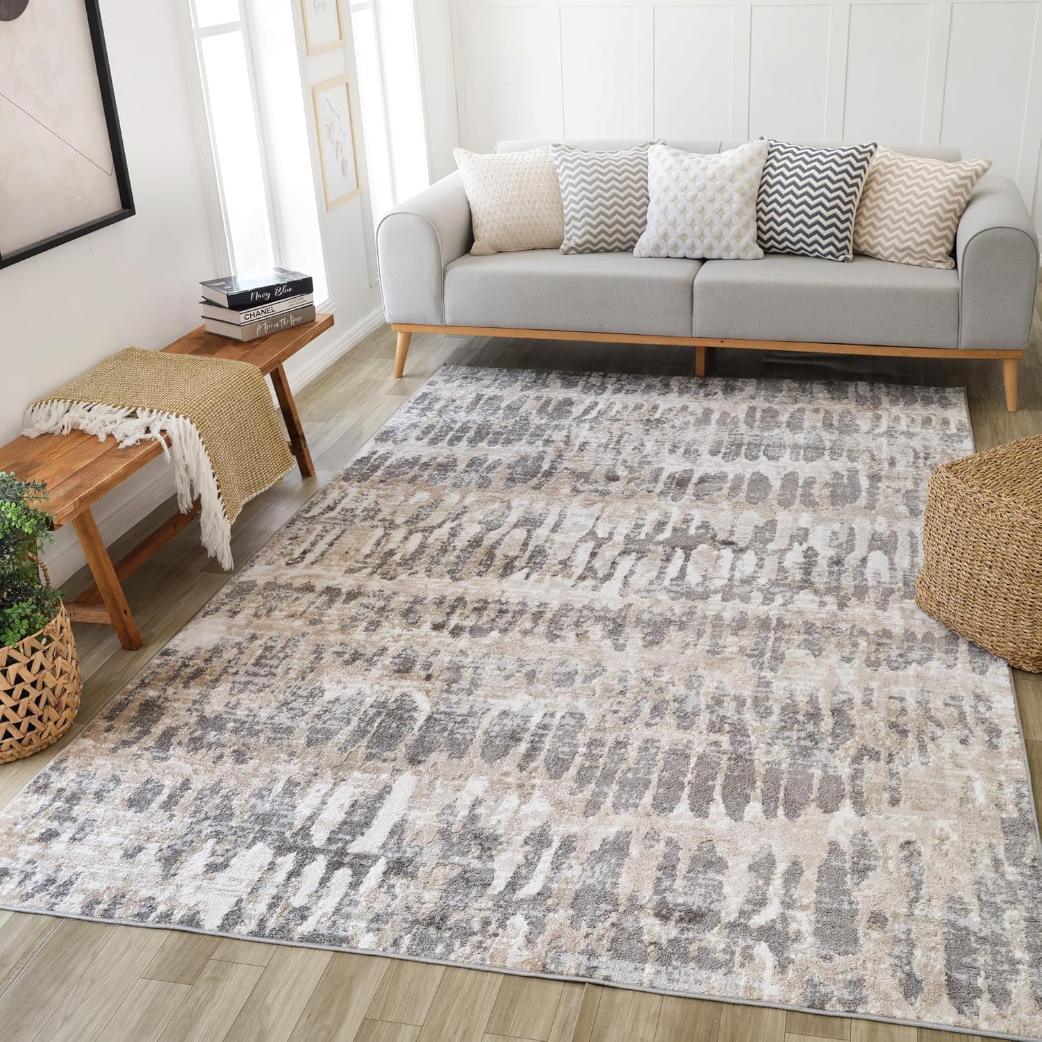 Modern living room with textured rug and sofa.