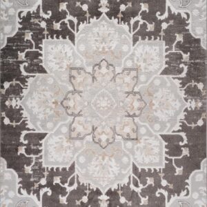 Intricate floral geometric patterned rug in gray and beige.