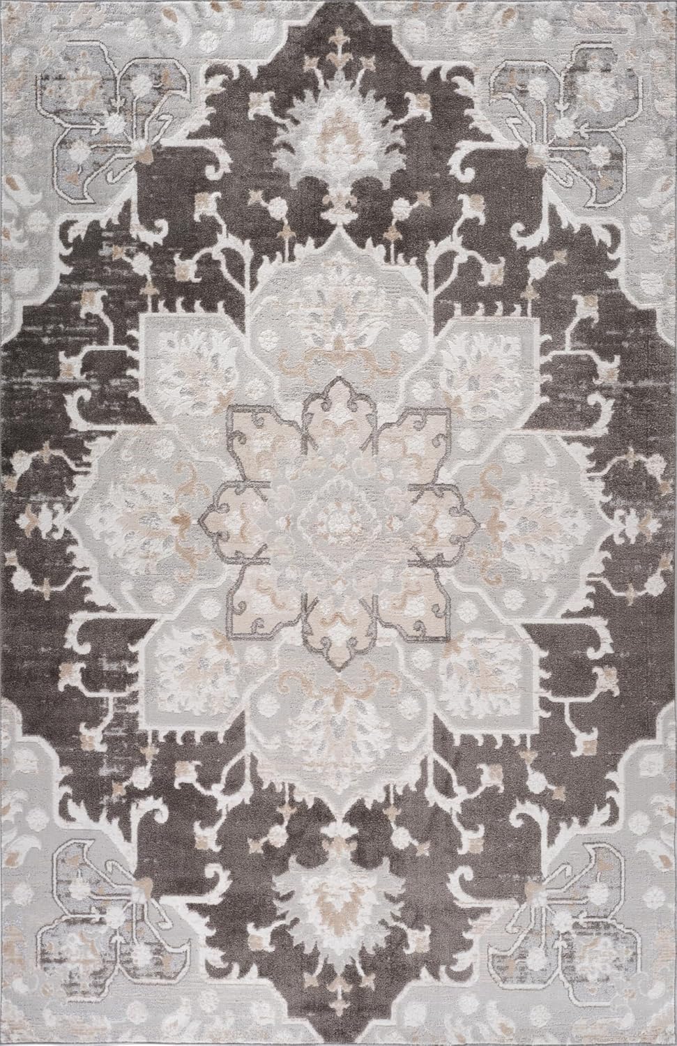 Intricate floral geometric patterned rug in gray and beige.